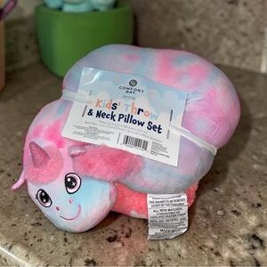 Unicorn Kids Throw Blanket & Neck Pillow Set Pink Blue Travel Pillow Plush NWT